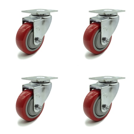 Service Caster 3.5 Inch Red Polyurethane Wheel Swivel Top Plate Caster Set SCC-20S3514-PPUB-RED-4